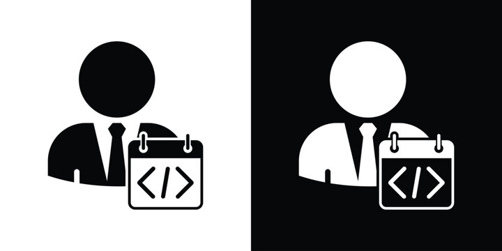 Programmer calendar icon. Software developer schedule, coding deadline symbol, web engineer planner vector illustration set.