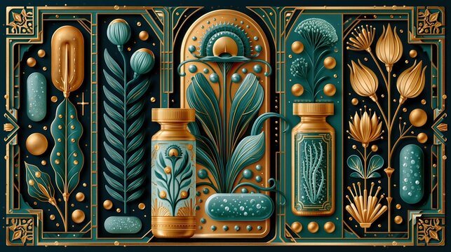 Art deco style illustration of sea kelp and marine algae supplements, geometric ornamental borders, gold and deep teal color palette, elegant symmetrical composition