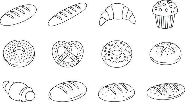 Hand drawn bread pastry icons collection with baguette croissant donut muffin