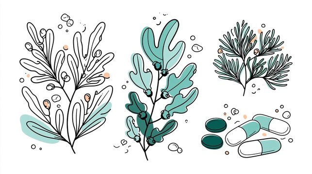 Minimalist line art illustration of seaweed and marine algae supplement collection, thin elegant continuous lines on white background