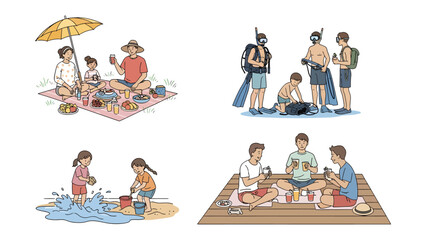 Summer Activities Collage: A vibrant collage showcasing various summer activities, including a family picnic on the beach, scuba divers preparing for an underwater adventure. © FARHANA