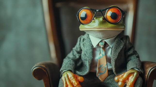 A frog in glasses and a suit sits in a chair, exuding a quirky, humorous vibe.