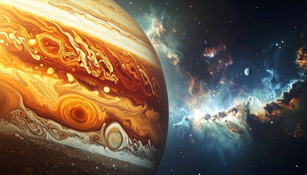 Jupiters swirling atmosphere against a backdrop of distant galaxies and cosmic wonders.