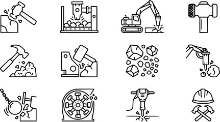Breaking and Crushing Tools  Processes Line Art Icons for Construction, Mining, and Demolition Industry © vectorcorp