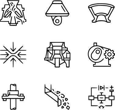 Mining and Industrial Process Line Art Icons. Set of Outline Pictograms for Mineral Processing, Crushing, Screening, Material Handling, and Engineering Machinery.
