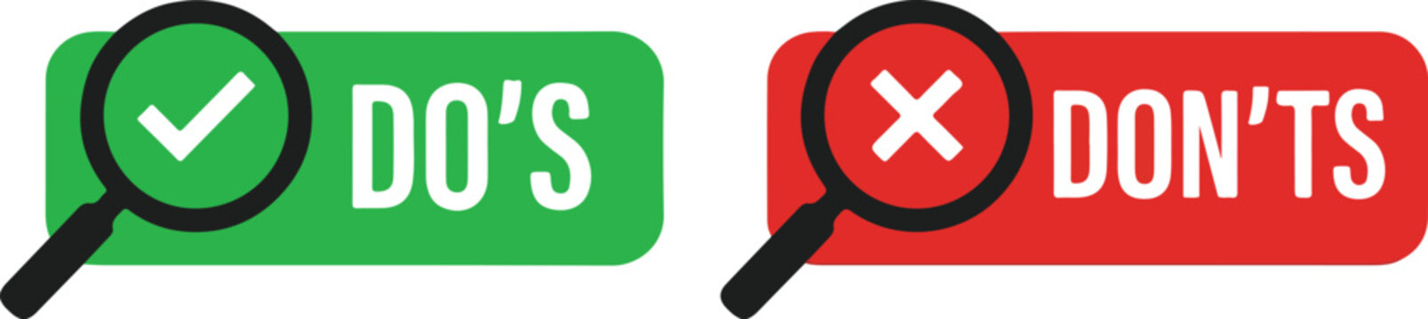 Do's and don'ts icons with checkmark and cross magnifying glass correct and incorrect, checkmark