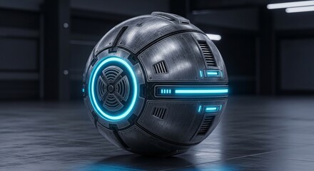 Fototapeta premium Futuristic spherical drone with glowing blue lights on a metallic floor