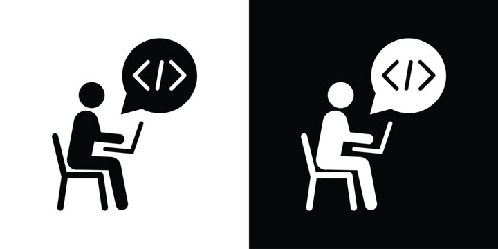 Software developer coding at desk icon. Programmer working on laptop, web engineering, computer programming vector illustration set.