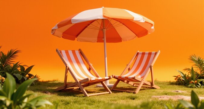 Two beach chairs with parasol on lush orange summer background 3D Rendering
