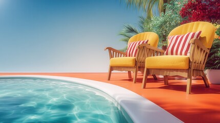 Fototapeta premium A vibrant summer landscape: a swimming pool, sun loungers and tropical vegetation, a symbol of vacation and comfort.