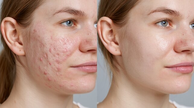 Split frame laser resurfacing showing deep pitted acne scars versus smooth even skin texture.