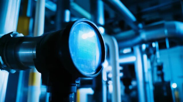 Close up view of a glowing digital pressure gauge displaying vital information within a complex system of pipes and machinery in an industrial power plant control center