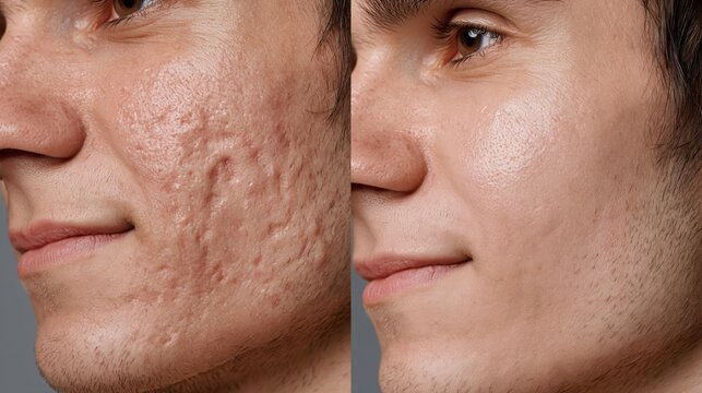 Split frame laser resurfacing showing deep pitted acne scars versus smooth even skin texture.