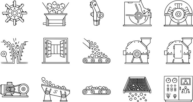 Industrial crushing and screening equipment, line art icons for mining and quarrying