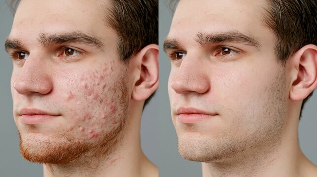 Split frame laser resurfacing showing deep pitted acne scars versus smooth even skin texture.