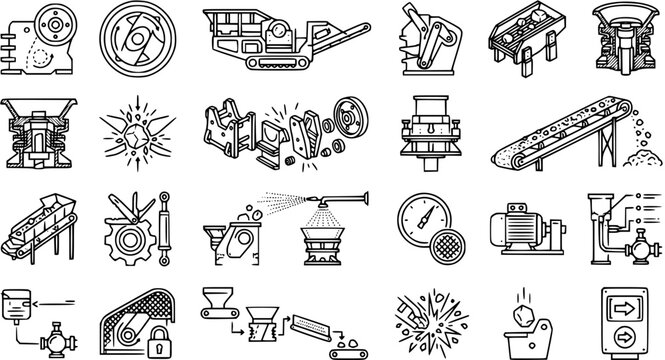Mining and Quarry Rock Processing Black  White Line Art Icons Set: Crushing, Conveying, Screening, and Aggregate Production Equipment