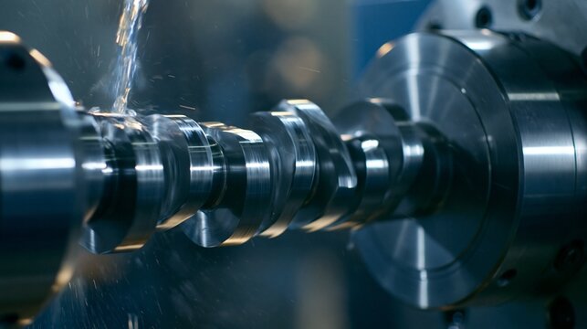 Medium shot of camshaft grinding showcasing a highspeed grinder shaping precise cam lobes under intense rotation. Medium shot capturing coolant spray cooling the camshaft during
