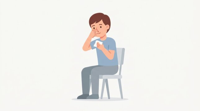 Young person sits in a chair holding tissue while pressing their nose to stop a nosebleed in a workplace first aid scenario