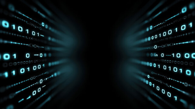 Abstract digital tunnel with binary code and glowing data stream for technology background
