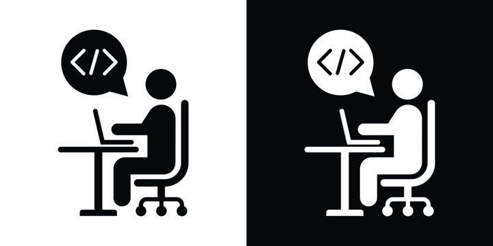 Software developer coding at desk icon. Programmer working on laptop, web engineering, computer programming vector illustration set.