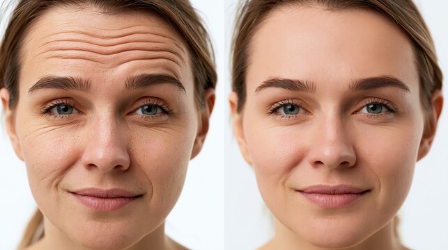 Split frame botox result showing deep prominent horizontal forehead furrows versus completely smooth forehead skin.