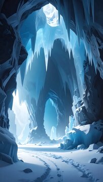 Glowing Blue Ice Cave with Snowy Path in Frozen Mountain Interior