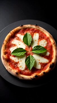 Classic margherita pizza with melted cheese and fresh basil leaves on a dark plate.