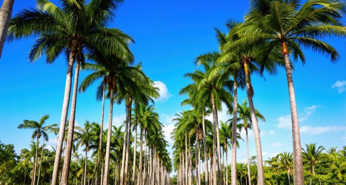 Tall royal palm trees line up against bright blue tropical sky
