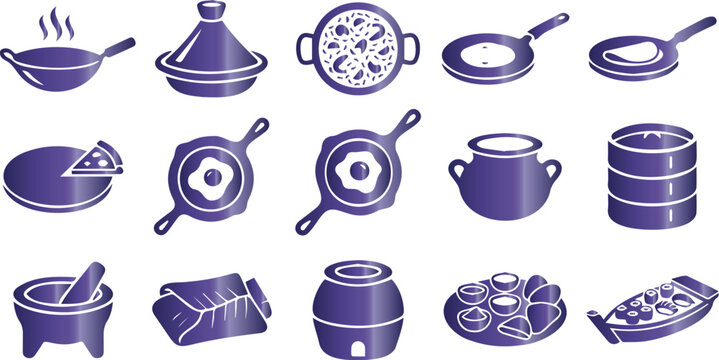 Traditional Cooking Utensils and World Cuisine Icons Set with Purple Gradient on White Background