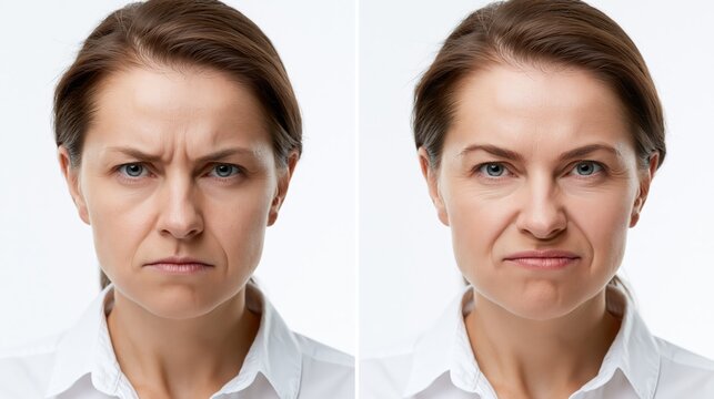 Split frame brow lift showing severely low heavy brows casting shadow over eyes versus lifted arched natural brows.