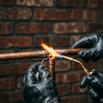 Welder soldering copper pipe against a brick wall background