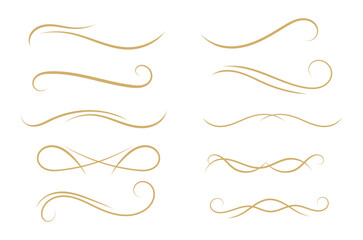 Elegant gold flourish divider collection. Luxury ornamental swirl line set. Decorative vintage calligraphy flourish elements. © Orvix