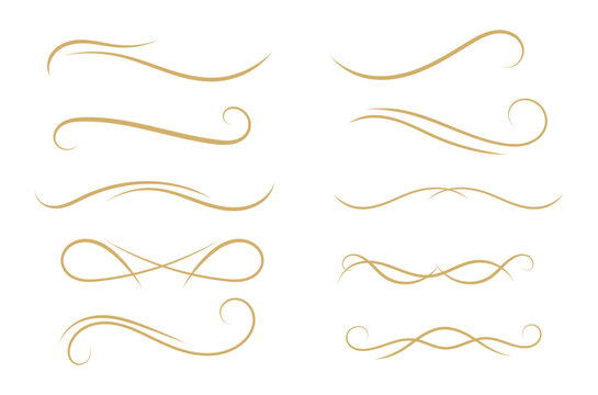 Elegant gold flourish divider collection. Luxury ornamental swirl line set. Decorative vintage calligraphy flourish elements.