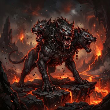 Three headed Cerberus hound on volcanic lava rock