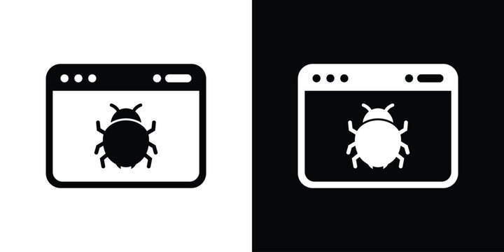 Browser window software bug icon. Web page malware virus symbol, digital glitch, online system vulnerability vector illustration set.