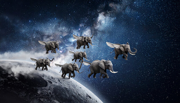 A surreal flock of elephants with propellers for ears flies through space towards the moon, an imaginative celestial journey