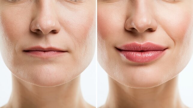 Split frame lip augmentation showing very thin flat lips versus full plump defined lips.