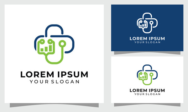 Medical data analytics logo design template, stethoscope with bar chart graph icon