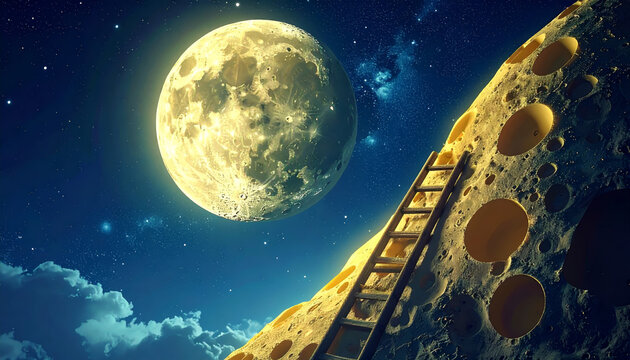 A wooden ladder ascends a moon textured like Swiss cheese towards a glowing celestial orb in the starry night sky