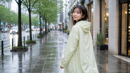 Fototapeta premium 淡い色のレインコートを着た若い女性が雨の日の柔らかな雰囲気の濡れた都会の歩道を歩く様子