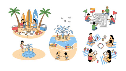Naklejka premium Summer Holiday Vignettes: A collection of charming illustrations depicting various summer holiday activities, including beach picnics, fountain play, and collaborative map study.