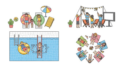Fototapeta premium Summer Vacation Activities: A collection of playful illustrations depicting various summer leisure activities, including poolside relaxation, water slide fun, outdoor gathering, and sunbathing circle.