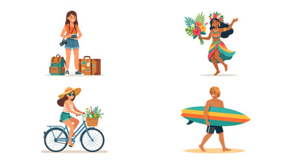 Fototapeta premium Summer Vacation Collage: A vibrant collection of illustrations depicting joyful summer activities including travel, dancing, cycling, and surfing, perfect for conveying leisure and adventure.