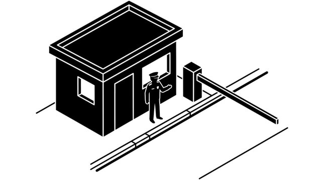 Guard Booth With Attendant And Barrier Gate Black Silhouette