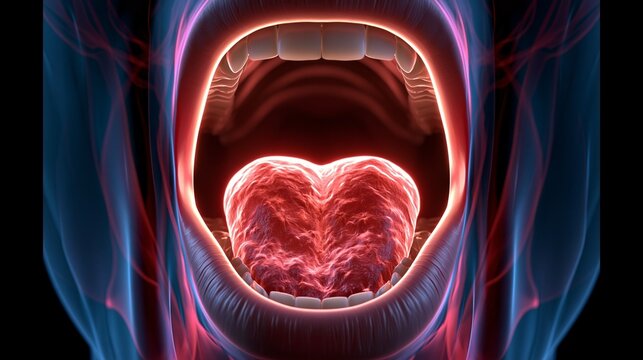 Focused medium frame 3D illustration of an open mouth revealing crisp glossitis inflammation taste buds and irritated tissues textured with glowing rim light and semitransparent