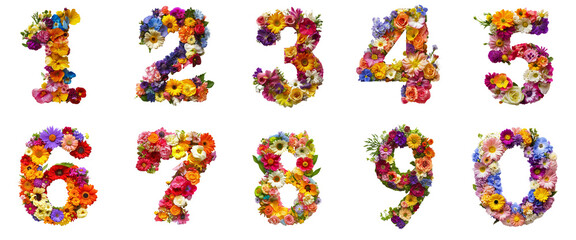 Naklejka premium Colorful floral numbers set, vibrant flower digits isolated on white background