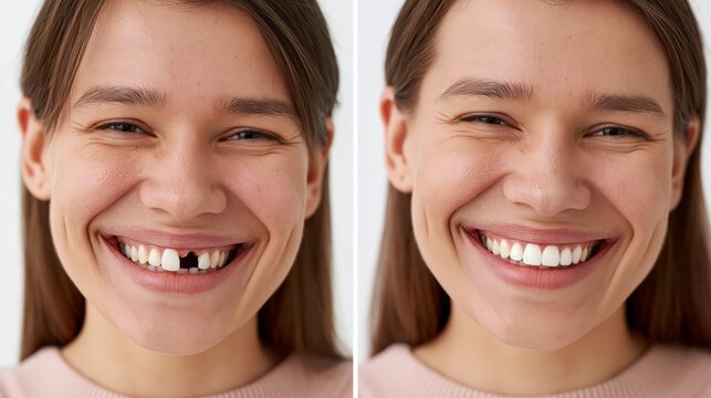 Split frame dental implant showing a visible missing tooth gap versus a complete smile.