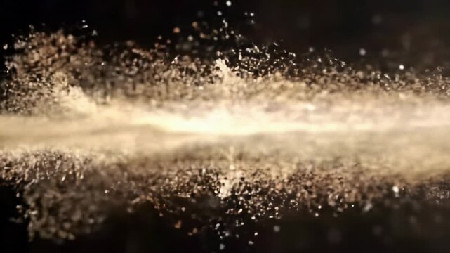 Wide cinematic video: intricate light brown, beige particles burst & scatter in ultra slow motion against black. Slow push-in tracking. Concept of technological breakthrough