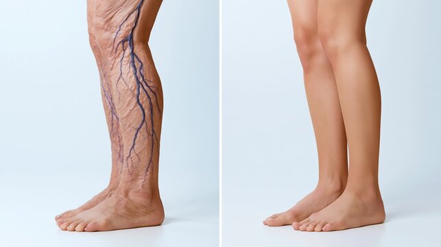 Split frame varicose vein treatment showing bulging dark rope-like veins versus smooth clear leg skin. Fictional depiction.