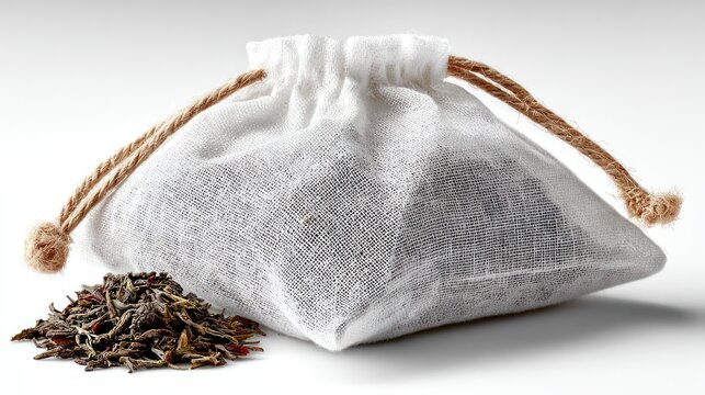 White fabric drawstring bag with loose tea leaves on a white background.